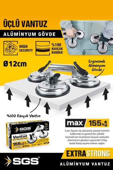 SGS956 155 Kg Üçlü Vantuz Alüminyum Gövdeli Cam Granit Seramik Laminat Ahşap Ayna Taşıma Vantuzu ürün görseli 1