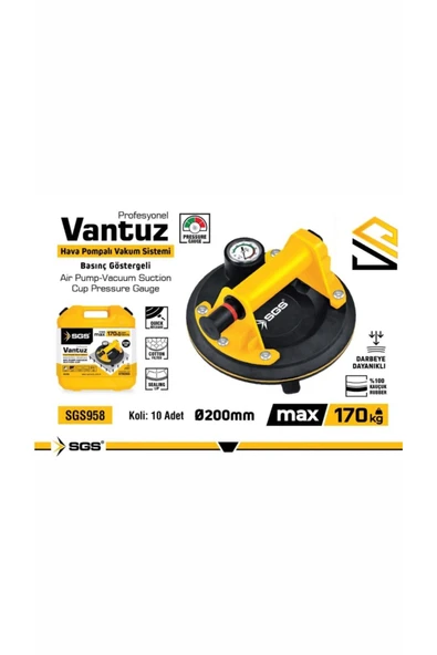 Sgs958 göstergeli pompalı vantuz 200mm vantuz çapı 170 kg taşıma kapasitesi ürün görseli 1