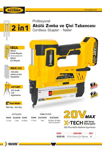 Sgs5165 - 20 Volt 4 Amper Akülü Şarjlı Zımba Ve Çivi Çakma Tabanca Makinası ürün görseli 1