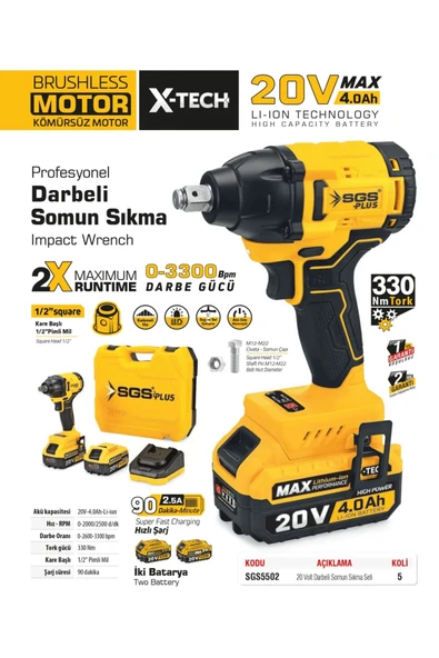 SGS Akülü Darbeli Somun Sıkma Seti 20 Volt / 2 Amper SGS 5502 ürün görseli 1