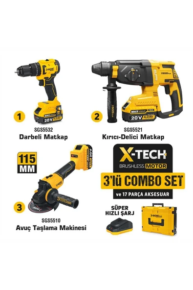 SGS5450 Akülü Vidalama Matkap - Kırıcı Delici - Avuç Taşlama Combo Set 3 Parça ürün görseli 1