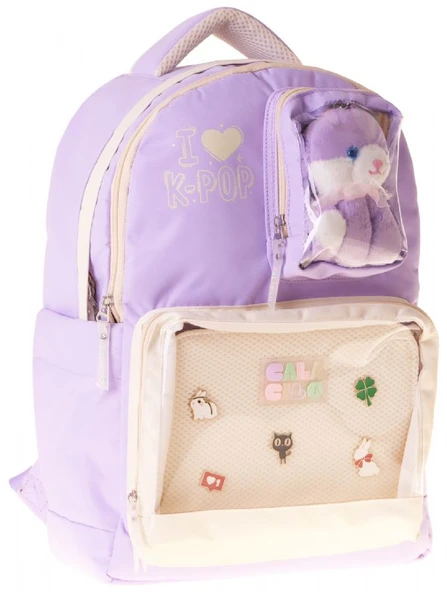 CalaCilo Dört Bölmeli Peluşlu K-Pop Lilac Peluş Ayı Aksesuarlı Lila Kız Çocuk İlkokul Sırt Çantası - C4104 ürün görseli 1