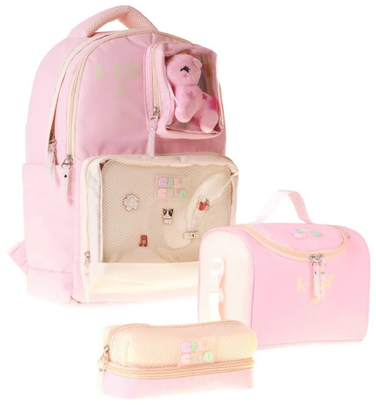 CalaCilo K-Pop Pink Pembe Peluş Aksesuarlı Pembe Kız Çocuk Üçlü İlkokul Okul Çantası Seti - SETCC-C4107A ürün görseli 1