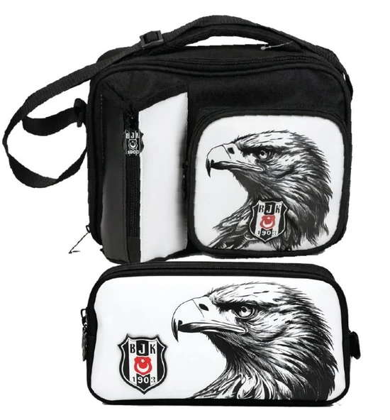 Beşiktaş Kartal Baskılı Beyaz - Siyah Erkek Çocuk Okul Beslenme Çantası ve Kalemlik Seti - SETBJK26363 ürün görseli 1