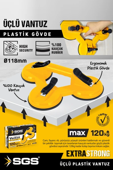 SGS946 120 Kg Üçlü Vantuz Cam Granit Seramik Laminat Ahşap Ayna Taşıma Vantuzu ürün görseli 1