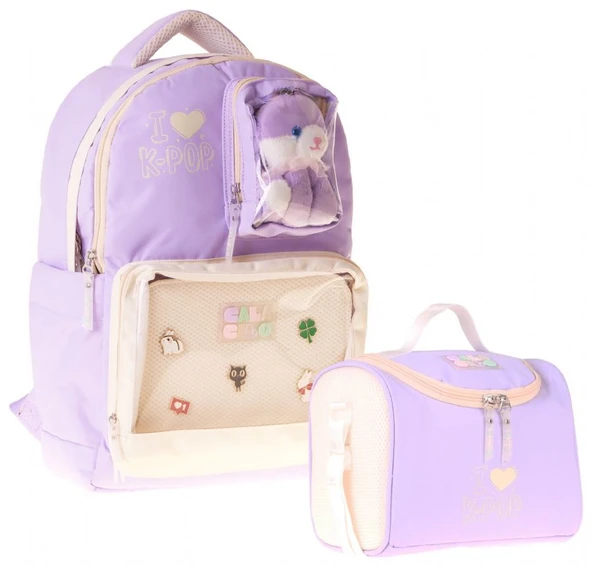 CalaCilo Kız Çocuk İlkokul Sırt Çantası ve Beslenme Seti - K-Pop Lilac Peluş Ayı Aksesuarlı Lila SETCC-C4104B ürün görseli 1