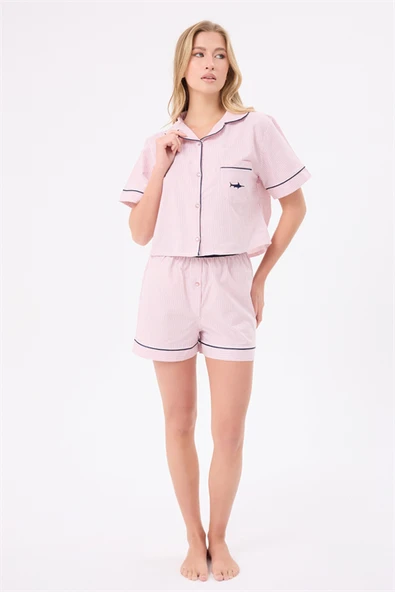 MARISILK™ SEASTRIPE Kadın Yazlık Şortlu Crop Gömlekli Pijama & Lounge Takımı ürün görseli 1