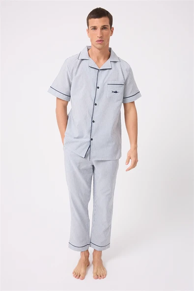 MARISILK™ SEASTRIPE Erkek Dokuma Yazlık Kısa Kollu Pantolonlu Pijama & Lounge Takımı ürün görseli 1