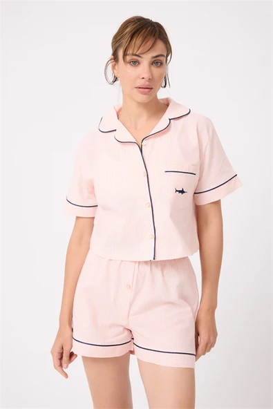MARISILK™ Kadın Yazlık Şortlu Crop Gömlekli Pijama & Lounge Takımı ürün görseli 1