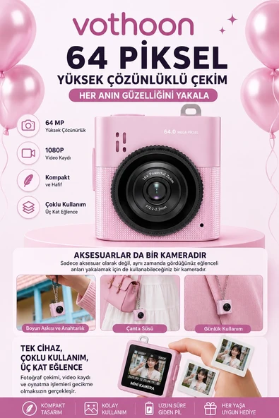 Mini Dijital Kamera 64mp 16x Digital Zoom Retro Vintage 1.4’’ekranlı Video Kamera Taşınabilir Tasarım Pembe ürün görseli 1