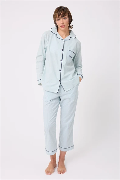 MARISILK™ SEASTRIPE Premium Dokuma Uzun Kollu Crop Pantolonlu Kadın Pijama & Lounge Takımı ürün görseli 1