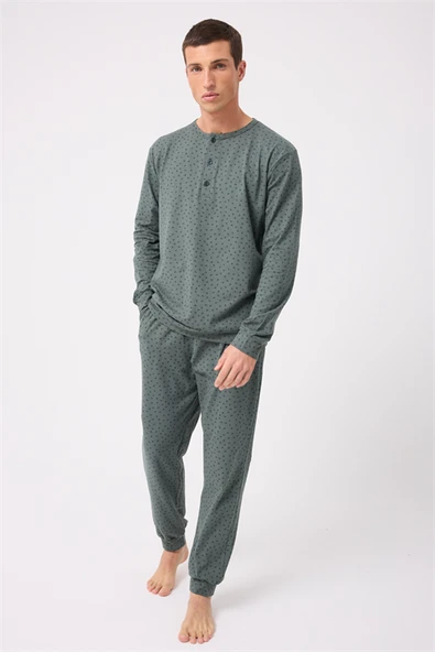 OceanRipple™ Premium Örme Pamuk Uzun Kollu Henley & Uzun Pantolonlu Erkek Pijama Takımı ürün görseli 1