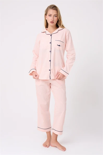 MARISILK™ SEASTRIPE Premium Dokuma Uzun Kollu Crop Pantolonlu Kadın Pijama & Lounge Takımı ürün görseli 1
