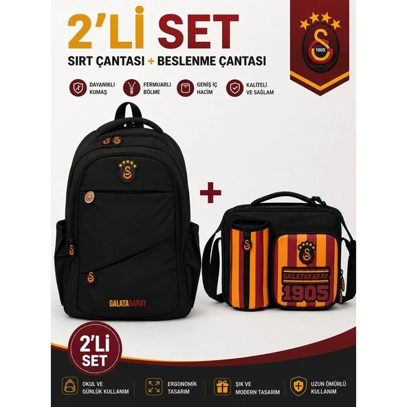 Galatasaray Lisanslı Siyah Sırt Çantası 26547+ Beslenme Çantası 26927 ürün görseli 1