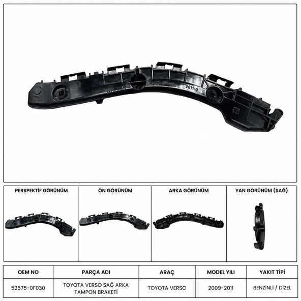 TOYOTA VERSO SAĞ ARKA TAMPON BRAKETİ 2009-2011 52575-0F030-MHR ürün görseli 1