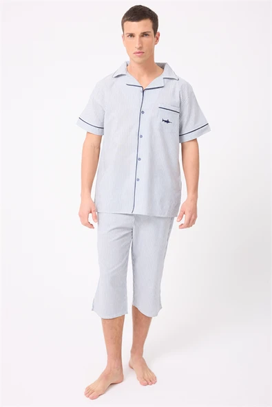 MARISILK™ SEASTRIPE Erkek Dokuma Yazlık Kısa Kollu Capri Pantolonlu Pijama & Lounge Takımı ürün görseli 1