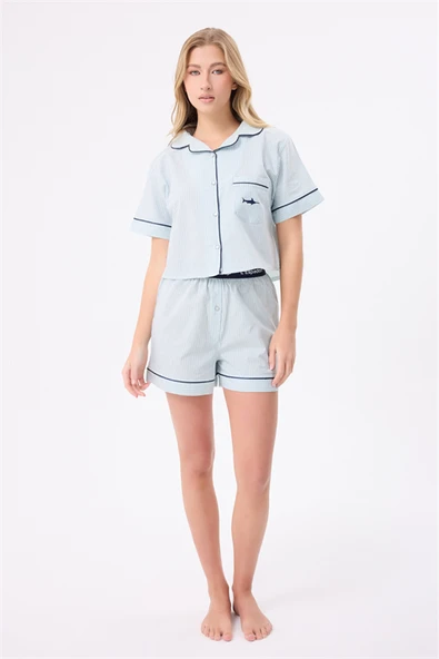 MARISILK™ SEASTRIPE Kadın Yazlık Şortlu Crop Gömlekli Pijama & Lounge Takımı ürün görseli 1