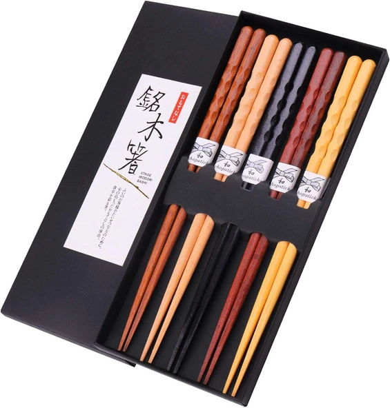 Valkyrie 5 Çift Doğal Ahşap Japon Yemek Çubuğu Seti 22,4 cm Kaymaz El Oyması Kutulu Chopstick Seti ürün görseli 1