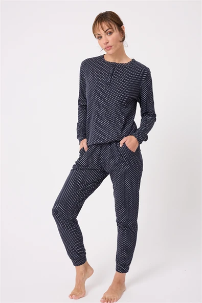 OCEAN RIPPLE™ Premium Örme Pamuk Uzun Kollu Henley & Uzun Pantolonlu Kadın Pijama Takımı ürün görseli 1