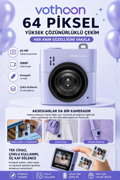 Mini Dijital Kamera 64mp 16x Digital Zoom Retro Vintage 1.4’’ekranlı Video Kamera Taşınabilir Tasarım Mavi ürün görseli 1