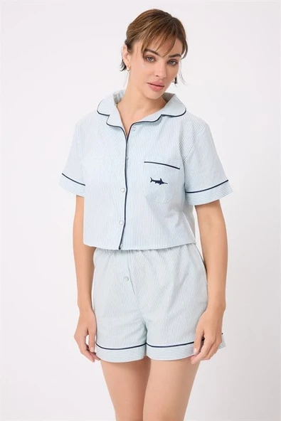 MARISILK™ Kadın Yazlık Şortlu Crop Gömlekli Pijama & Lounge Takımı ürün görseli 1