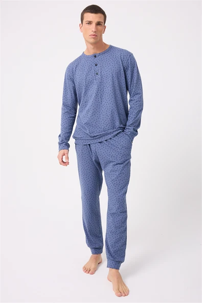 OceanRipple™ Premium Örme Pamuk Uzun Kollu Henley & Uzun Pantolonlu Erkek Pijama Takımı ürün görseli 1