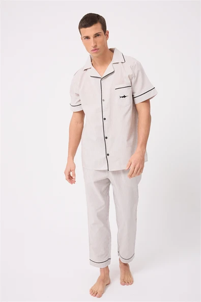 MARISILK™ SEASTRIPE Erkek Dokuma Yazlık Kısa Kollu Pantolonlu Pijama & Lounge Takımı ürün görseli 1