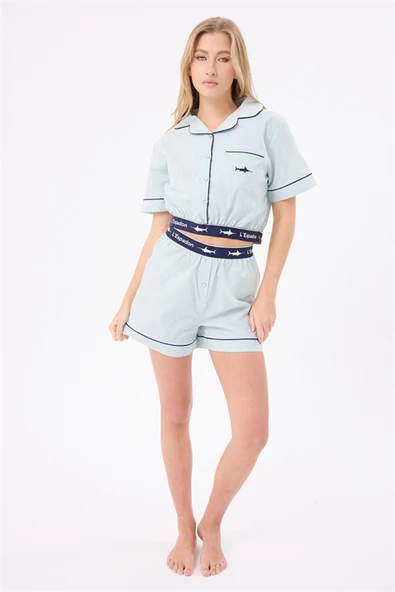 MARISILK™ SEASTRIPE Kadın Yazlık Şortlu Crop Gömlekli Pijama & Lounge Takımı ürün görseli 1