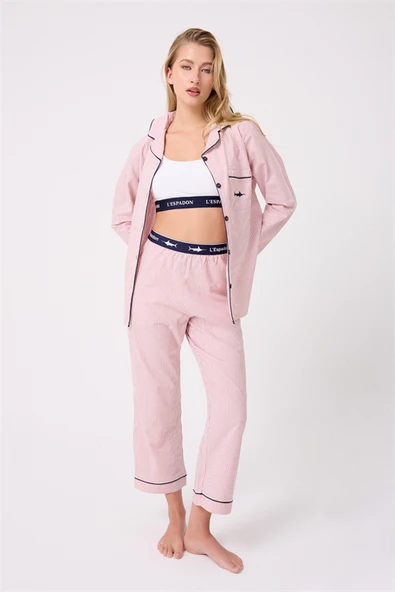 MARISILK™ SEASTRIPE Premium Dokuma Uzun Kollu Crop Pantolonlu Kadın Pijama & Lounge Takımı ürün görseli 1