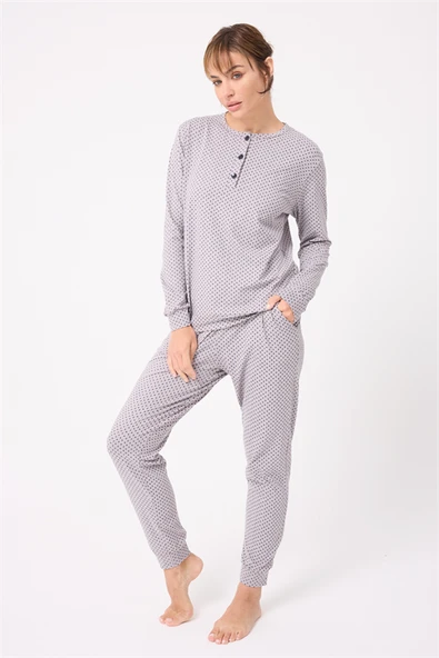 OCEAN RIPPLE™ Premium Örme Pamuk Uzun Kollu Henley & Uzun Pantolonlu Kadın Pijama Takımı ürün görseli 1