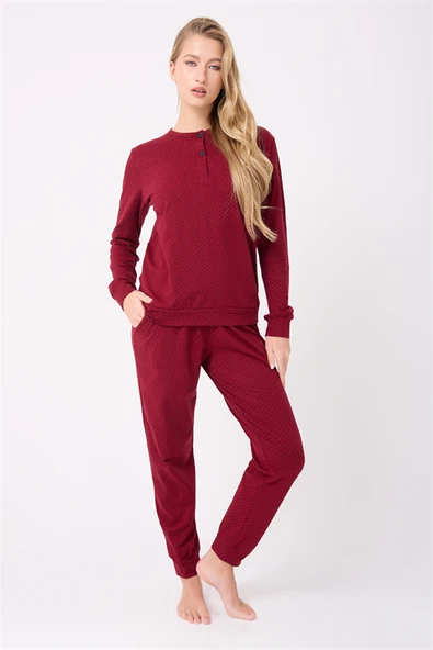 OCEAN RIPPLE™ Premium Örme Pamuk Uzun Kollu Henley & Uzun Pantolonlu Kadın Pijama Takımı ürün görseli 1