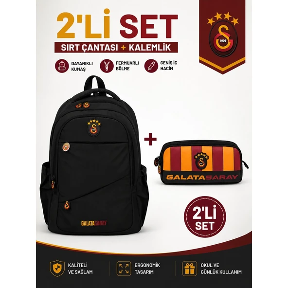 Galatasaray Lisanslı Siyah Sırt Çantası 26547+ Kalemlik 26578 ürün görseli 1