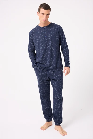 OceanRipple™ Premium Örme Pamuk Uzun Kollu Henley & Uzun Pantolonlu Erkek Pijama Takımı ürün görseli 1