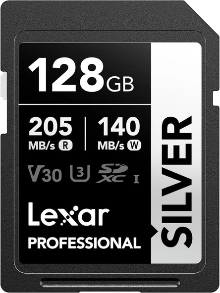 Lexar Profesyonel SILVER SD Kart 128 GB, 205 MB/s'ye Kadar Okuma, 140 MB/s Yazma, SD3.0, V30, U3, C10 SDXC Kart, DSLR, Kameralar, Profesyonel Fotoğrafçı, Kamera, Meraklısı için UHS-I SD Hafıza Kartı O ürün görseli 1