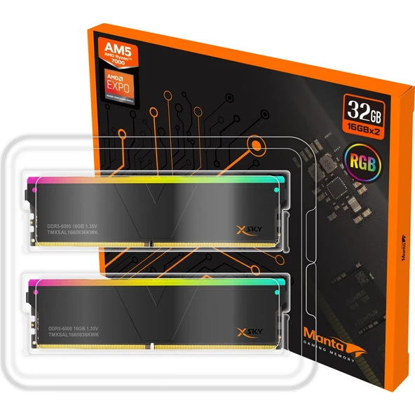 V-color 32GB (2 x 16GB) DDR5 6400MT/s CL32 Manta XSky RGB AMD EXPO - Siyah ürün görseli 1