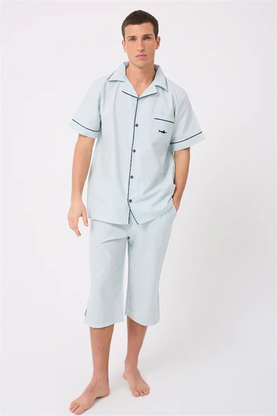MARISILK™ SEASTRIPE Erkek Dokuma Yazlık Kısa Kollu Capri Pantolonlu Pijama & Lounge Takımı ürün görseli 1