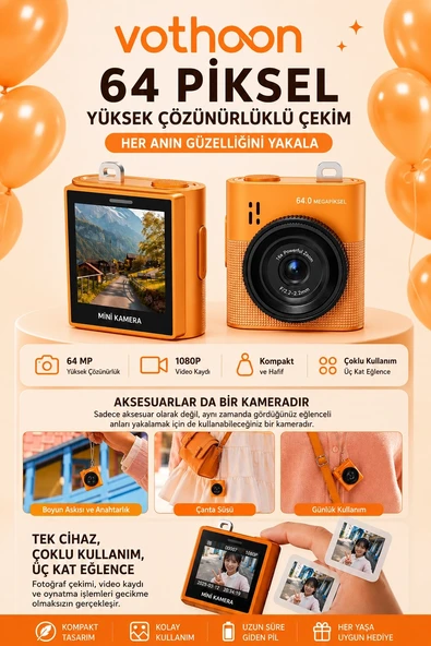 Mini Dijital Kamera 64mp 16x Digital Zoom Retro Vintage 1.4’’ekranlı Video Kamera Taşınabilir Tasarım Turuncu ürün görseli 1