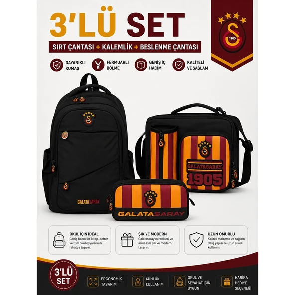 Galatasaray Lisanslı Siyah Sırt Çantası 26547+ Beslenme Çantası 26927+ Kalemlik 26578 ürün görseli 1