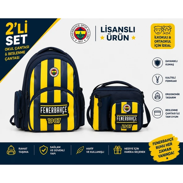 Fenerbahçe Lisanslı Çubuklu Okul Çantası 3 Bölmeli 26758+ Beslenme Çantası 26760 ürün görseli 1