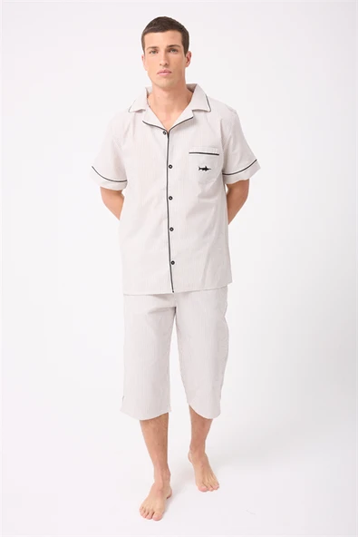 MARISILK™ SEASTRIPE Erkek Dokuma Yazlık Kısa Kollu Capri Pantolonlu Pijama & Lounge Takımı ürün görseli 1