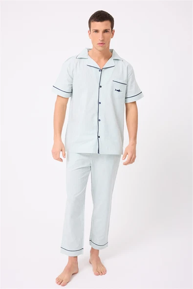 MARISILK™ SEASTRIPE Erkek Dokuma Yazlık Kısa Kollu Pantolonlu Pijama & Lounge Takımı Takımı ürün görseli 1