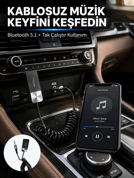 Usb Aux Bluetooth Adaptörü Kablosuz Ses Aktarım Cihazı ürün görseli 1