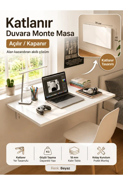 UNİDECO Katlanır Duvar Masası Duvara Monte Mutfak Masası Çalışma Masası Balkon Hobi Masası Açılır Kapanır Lara Beyaz ürün görseli 1