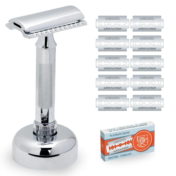 MERKUR 34C tıraş makinesi seti, birinci sınıf tıraş makinesi, tıraş standı ve 11x platin bıçak dahil | Parlak krom | Kapalı Tarak | Islak tıraş için ideal | Almanya'da yapıldı ürün görseli 1