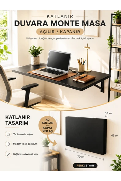 UNİDECO Katlanır Duvar Masası Duvara Monte Mutfak Masası Çalışma Masası Balkon Hobi Masası Açılır Kapanır Lara Siyah ürün görseli 1