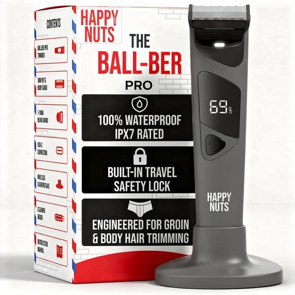 HAPPY NUTS Erkekler için Ballber PRO Elektrikli Vücut Tüyü Kesme Makinesi - Erkekler İçin Kişisel Bakım Seti - Ulaşılması Zor Alanlar için IPX7 Su Geçirmez Tıraş Makinesi (Ballber Pro) ürün görseli 1