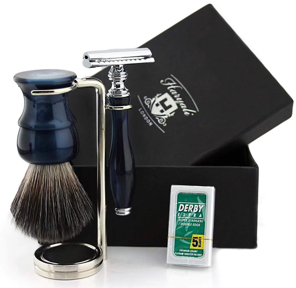 Sınırlı Üretim Vintage Geleneksel Set: Çift Emniyetli Jilet ve Gümüş Uçlu Porsuk Saç Tıraş Fırçası + Paslanmaz Çelik İkili Stand ürün görseli 1