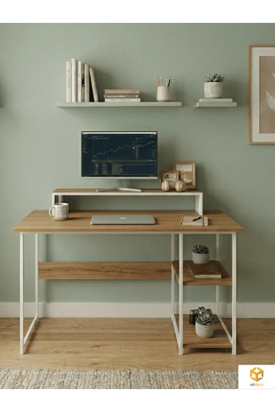 AYZ Raflı Çalışma Masası Bilgisayar Masası Laptop Masası Öğrenci Ders Ofis Home Office Metal Ayaklı Geniş Kitaplıklı Vienna 60x120 cm Beyaz - Çam ürün görseli 1