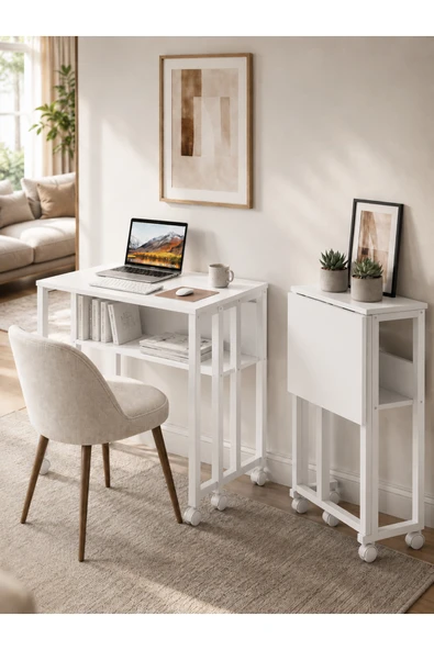 AYZ Tekerlekli Çalışma Masası Raflı Laptop Masası Bilgisayar Masası Kitaplıklı Katlanır Öğrenci Ders Portatif Küçük Masa Sidney Beyaz-Beyaz ürün görseli 1