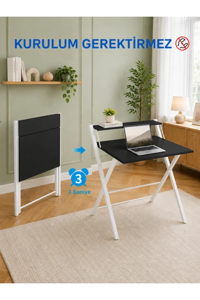 AYZ Bodo Metal Ayaklı Laptop Masası Katlanır Çalışma Masası Raflı Masa Katlanır Laptop Sehpası Beyaz Siyah ürün görseli 1